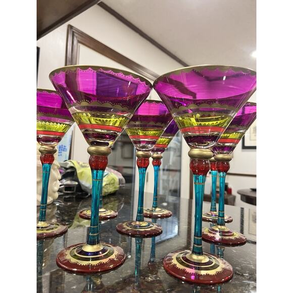 4 Pier 1 Festive Martini Glasses Blown Colorful Purple Stripe Gold Accent 8" Set - Picture 5 of 14